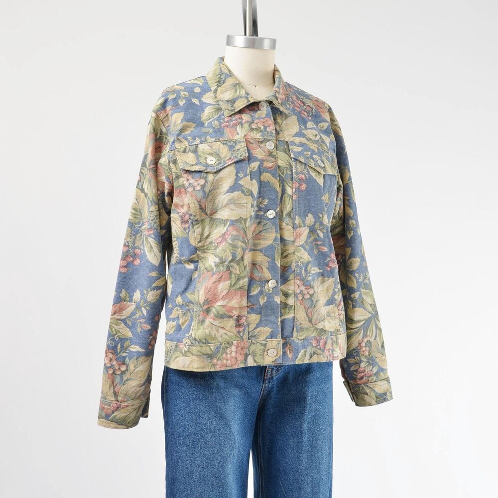 Vintage 90s Blue Floral Jacket Cotton Cottagecore Casual Chore Jacket S M